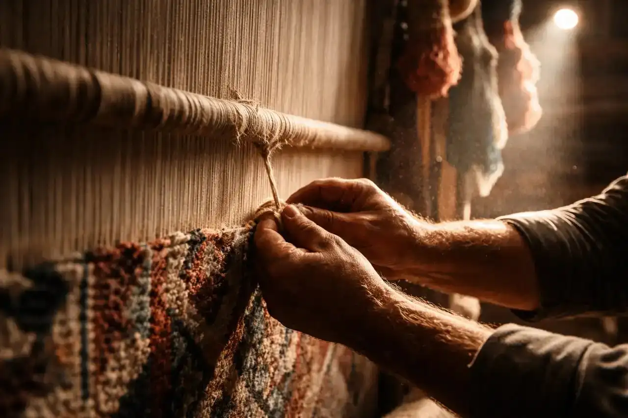 Cinematic Aufnahme einer Teppichknüpferei