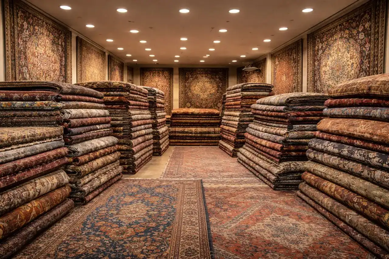 Panoramaaufnahme eines Teppichlagers