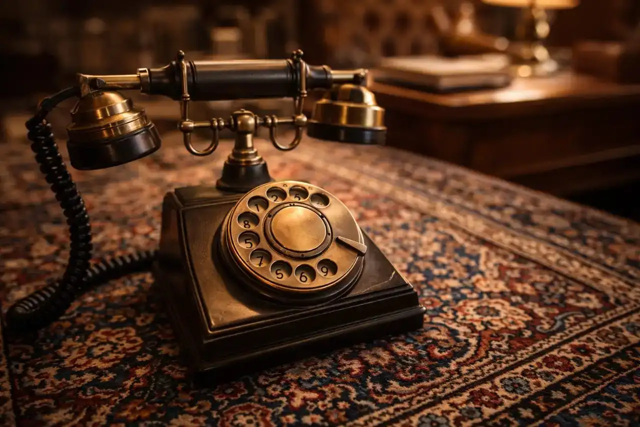 Detailaufnahme eines antiken Telefons auf einem Perserteppich