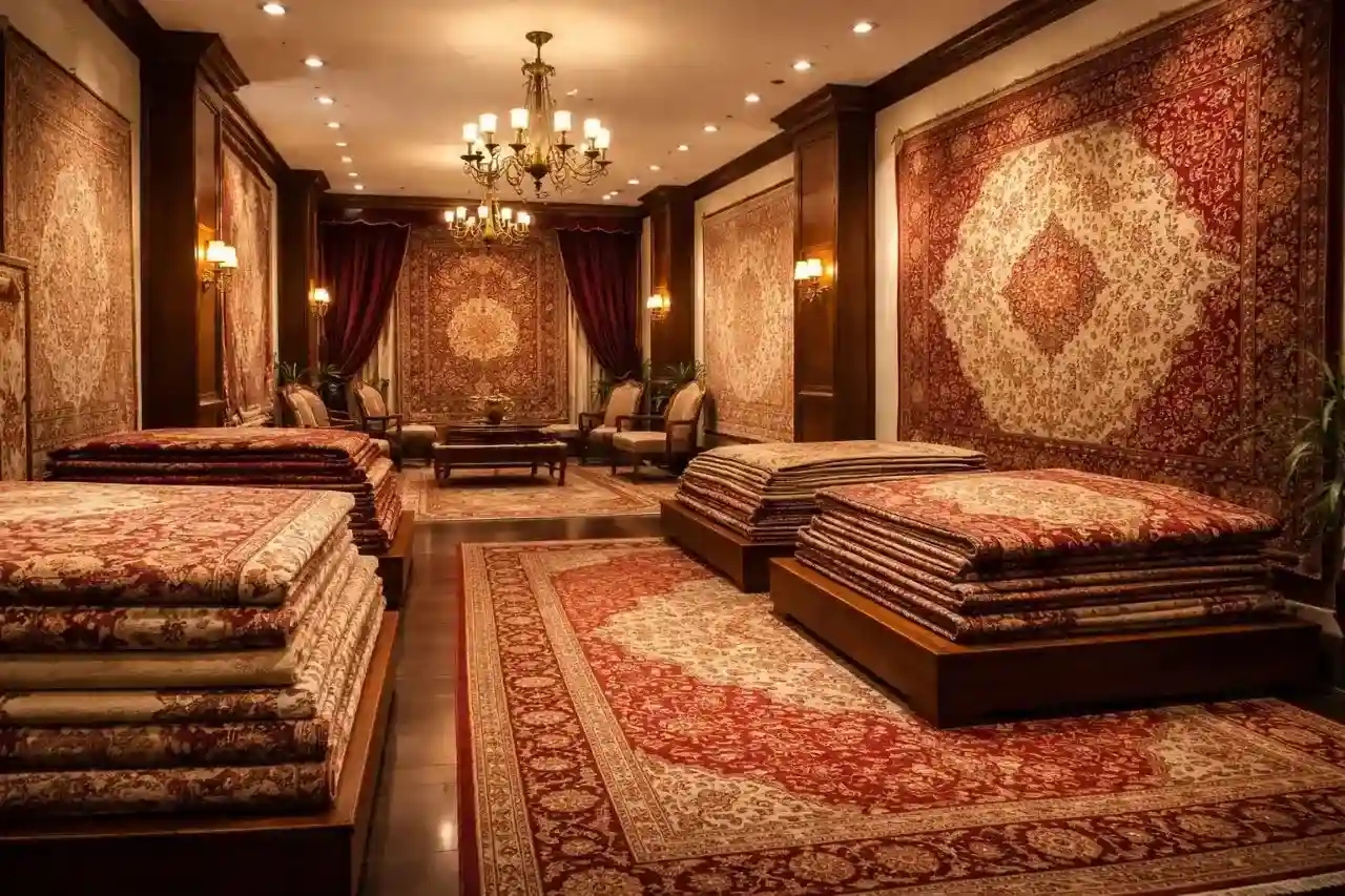 Cinematic wide shot eines luxuriösen Teppichgeschäfts in Homburg